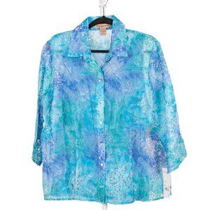 Y2K Sheer Blouse Tank Set XL Lace Floral Blue Purple Buttons Boho Fairy Festival